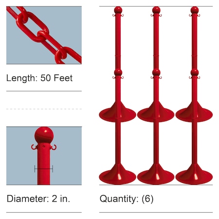Mr. Chain Red Light Duty Stowable Stanchion Kit and Chain, 6PK 73505-6